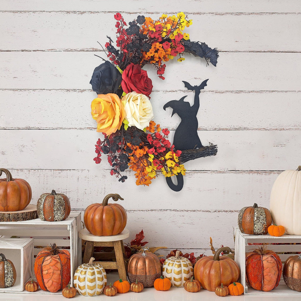 Fall Wreath 16" Halloween Wreaths for Front Door with Witch Cat Moon Decor-Cute Door Wreath Wall Decor for Fall Thanksgiving Halloween
