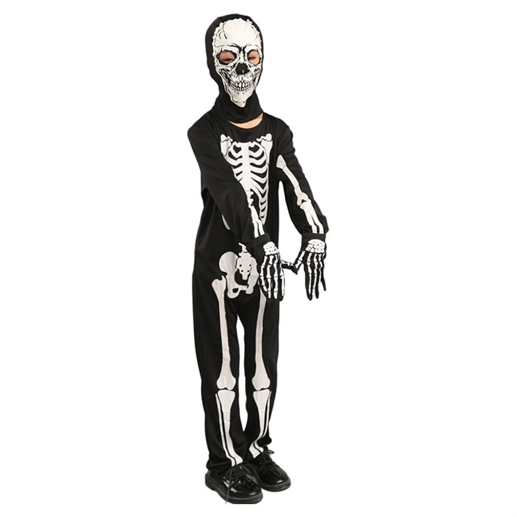 WIBACKER Kids Skeleton Halloween Costume, Glow in The Dark Halloween Cosplay Onesie for Boys and Girls, Jumpsuit + Gloves + Hood Mask