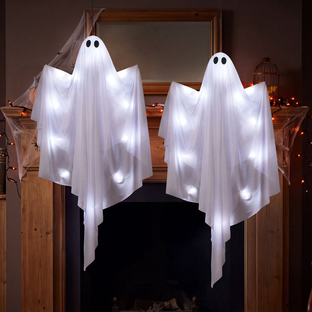 Joyfy 47inch Halloween Decorations Outdoor Hanging Ghost,Light up White Ghosts with Spooky Warm White LED Light,Halloween Outdoor Yard Porch Decorations,Haunted House Decorations