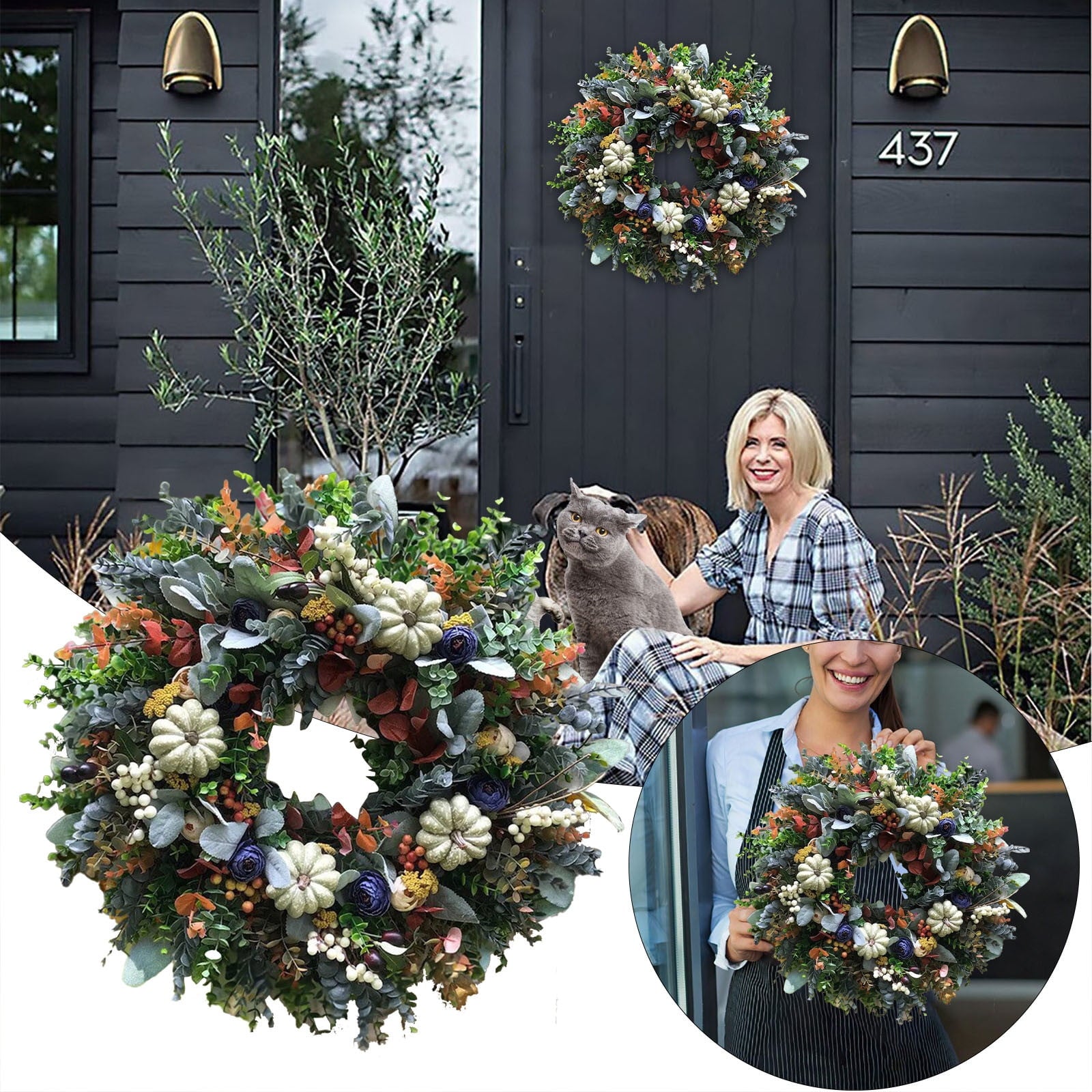 Decorative Wreath, Pumpkin Wreathfall Pumpkin Wreath, Year Round Wreath for Front Door, Artificial Wreath, Front Door Wreath, Family Farmhouse Decor and Spring Wreath, Easter Wreath