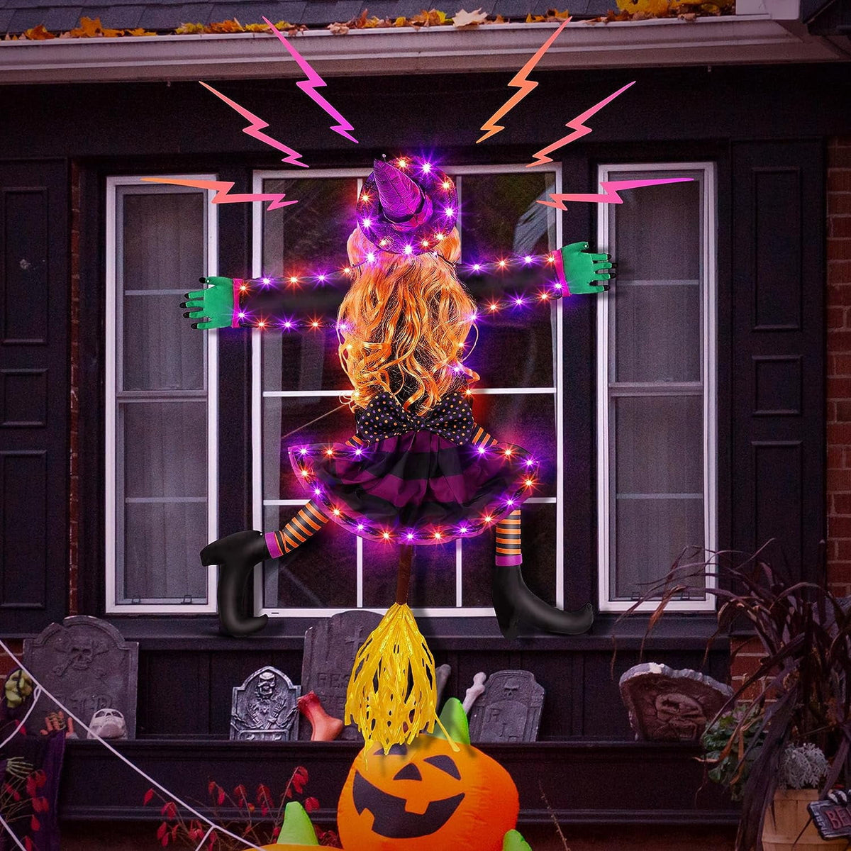 DAKIMOE Halloween Decoration Outdoor Witches Crashing Into Tree with Colorful LED Lights Crashed Witch Props Halloween Hanging Decorations for Indoor House Outdoor Yard Patio Decor 44''x33'' Orange