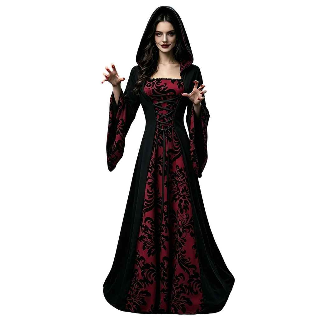 KICILVS Witch Costume Women Hooded Gothic Robe Corset Waist Bell Sleeve Maxi Length Damask Print Vampire Cloak Outfit White