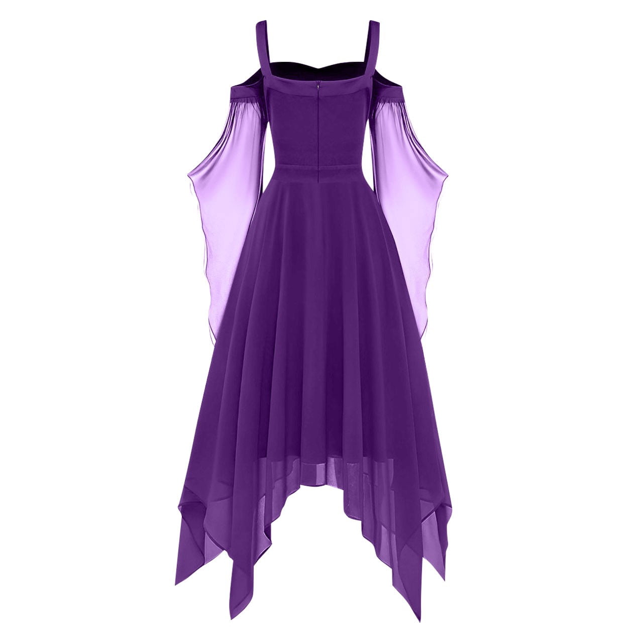 Women Gothic Cold Shoulder Midi Dress, Sheer Flare Bell Sleeve Front Corset Irregular Witch Costume Dress, Adult Halloween Dark Aesthetic Vintage Formal Evening Cosplay Party Outfit(Navy-2/M)