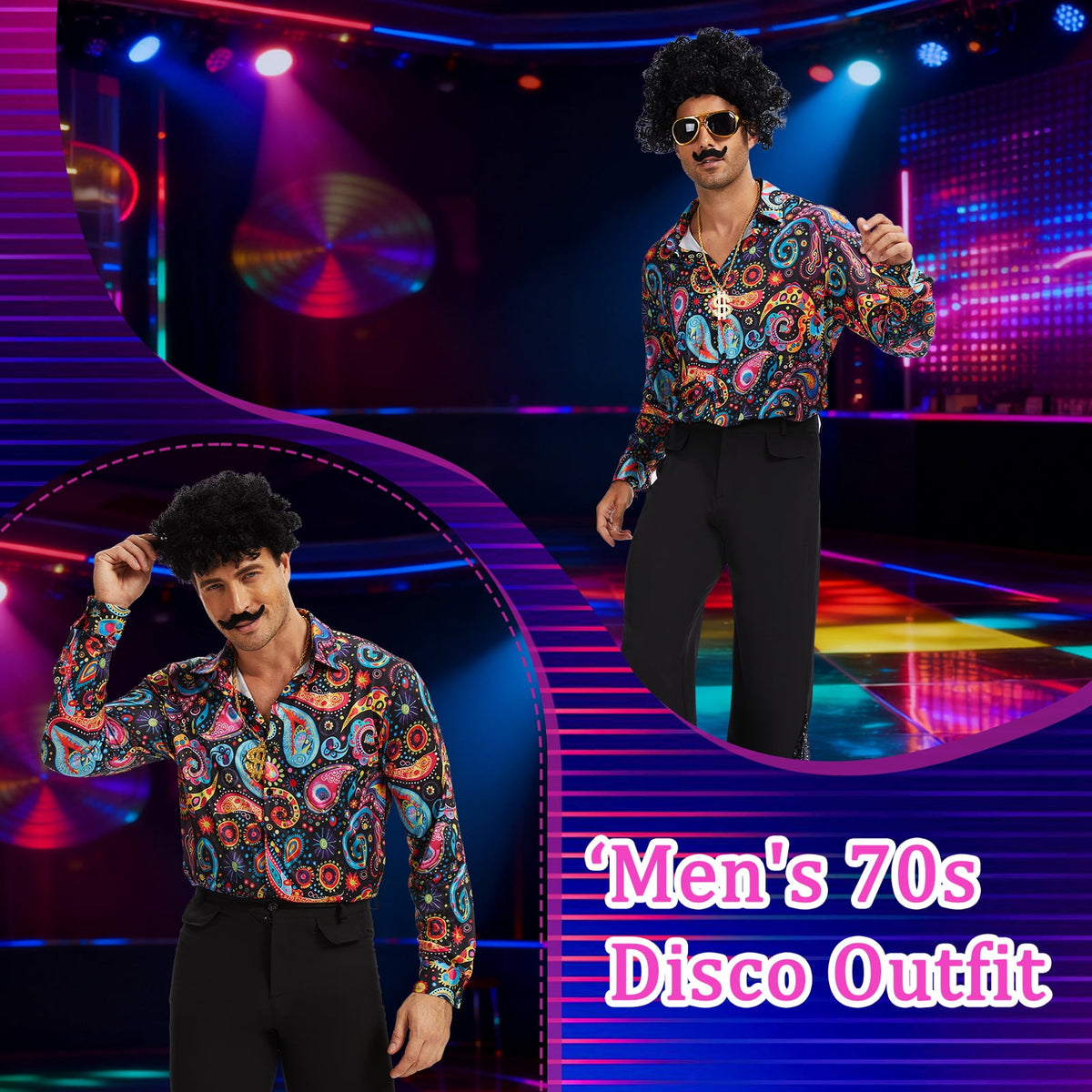 MYATED 70s Disco Costume for Men 6 Pcs Dance Bell Bottom Pants Retro Shirts Wigs Sunglasses Necklace Shirts for Disco Party (Black,L)