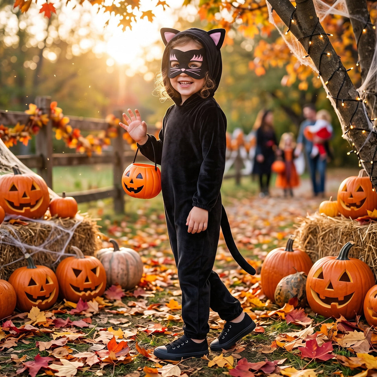 Kids Black Cat Costume with Hero Mask, Kitties Jumpsuit Fancy Dress Outfit Boys Girls for Halloween