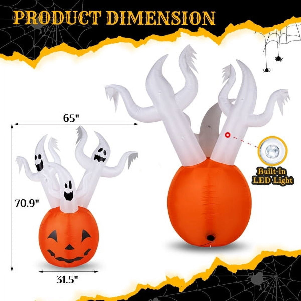 5.9FT Halloween Inflatable Pumpkin Ghost, Built-in LED Lights, Waterproof Polyester for Yard/Garden