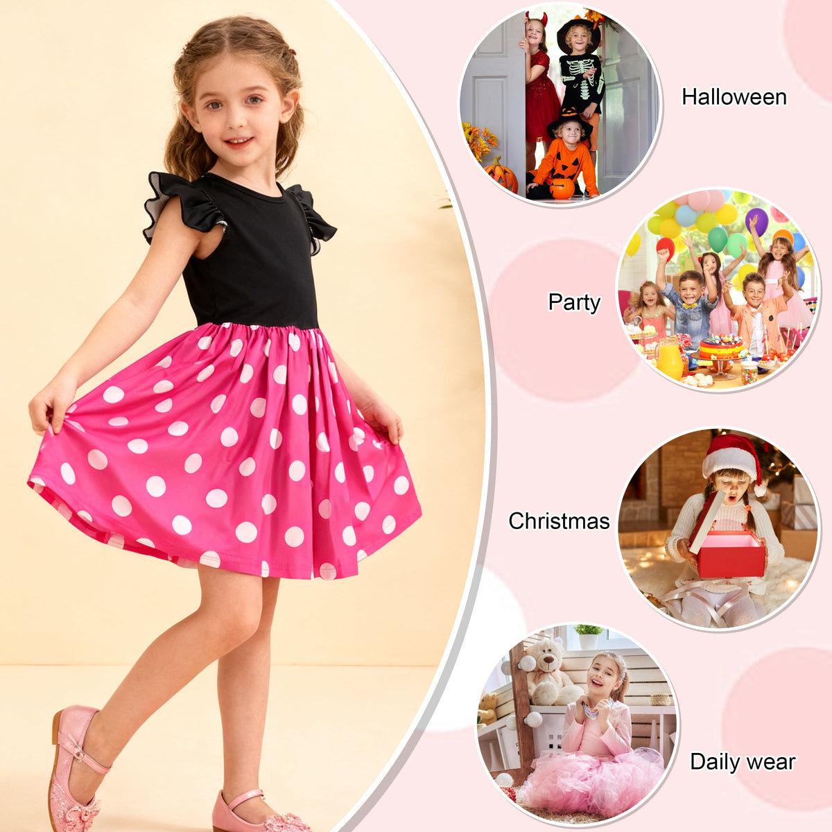 Benylion Toddler Girls Pink Polka Dot Dresses Birthday Party Fancy Dress Up Costume for 7-8 Years