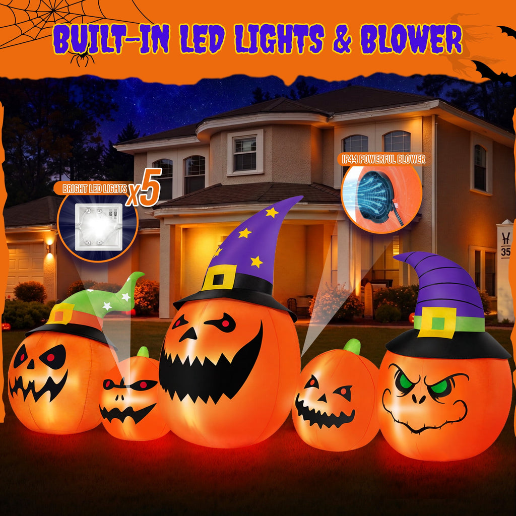 Firstness 8FT Halloween Inflatable Pumpkins Blow ups Outdoor Decorations, Five Pumpkins with LED Lights for Party Yard