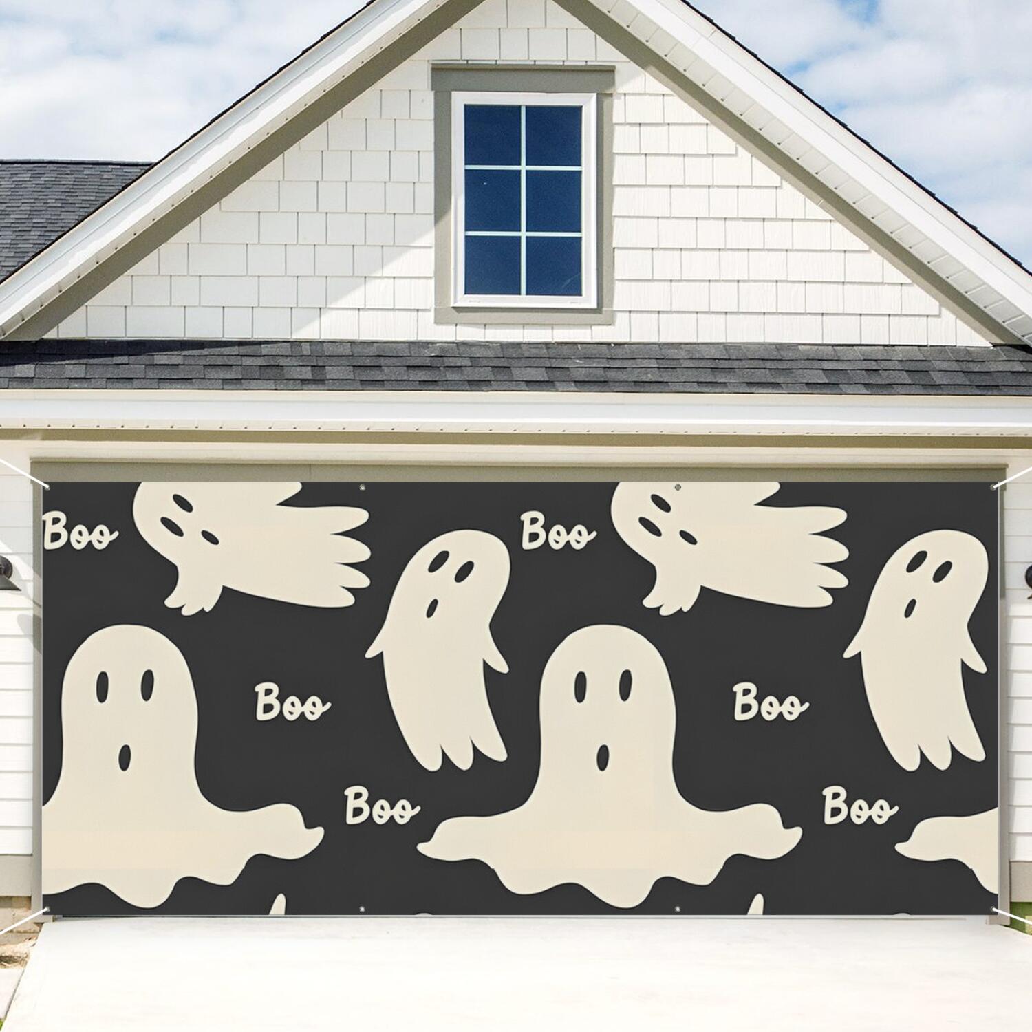 Halloween Garage Door Cover - 13x6ft Spooky Ghost Pumpkin Skull Witch Black Cat Polyester Backdrop for Outdoor Decor
