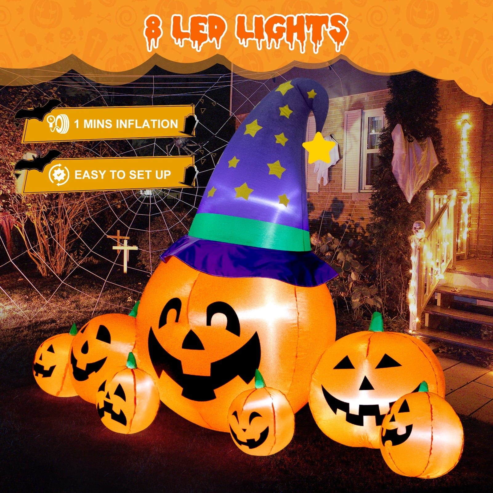 Yexmas 8.7ft Halloween Inflatables Pumpkins 7 Blow Up Decor with Witches Hat, Built-in LED Lights for Halloween Party, Yard, Garden, Lawn