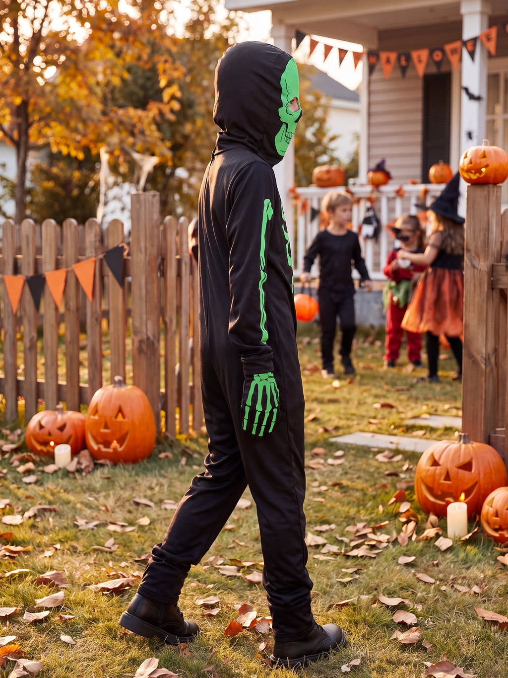 Kids Boys Halloween Skeleton Costume Glowing in The Dark with Mask Gloves Fancy Dress Outfit Green 4-12 Years