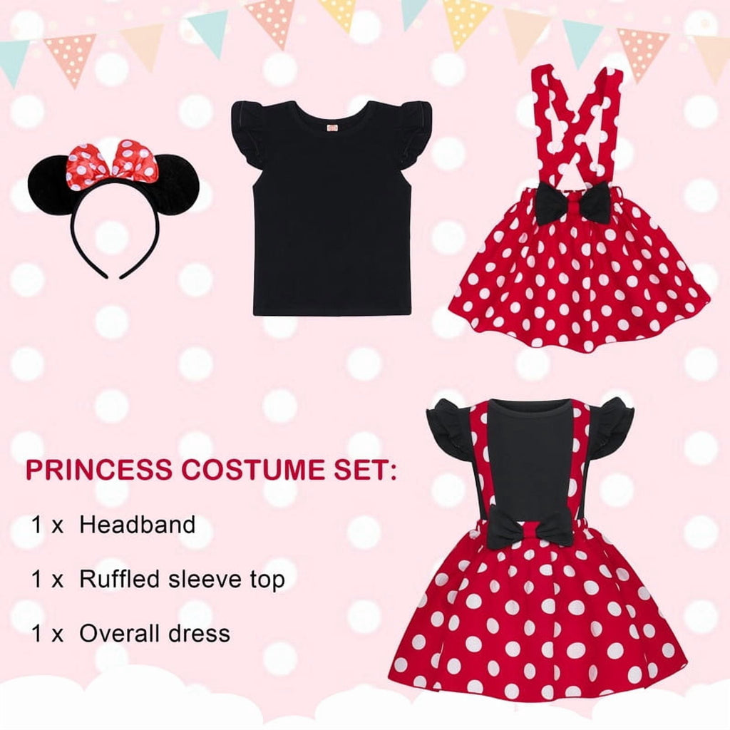 Jurebecia Girls Red Polka Dot Tutu Dress with Bow Headband, Baby Toddler Party Costume for Birthday & Cosplay (110 cm)