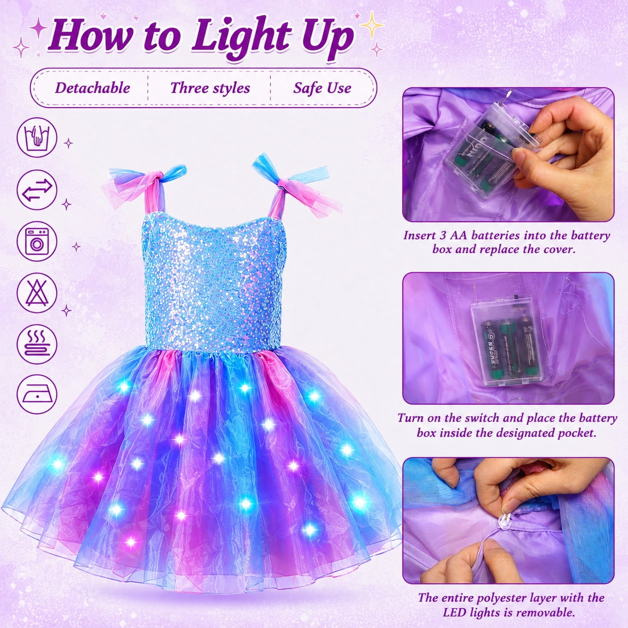 WonderStone Princess Dress for Girls, Light-Up Fairy Costume Dress-Up with Luxury Accessories, Purple Tutu Outfit for Birthday Parties, Kids & Toddlers Ages 5-6