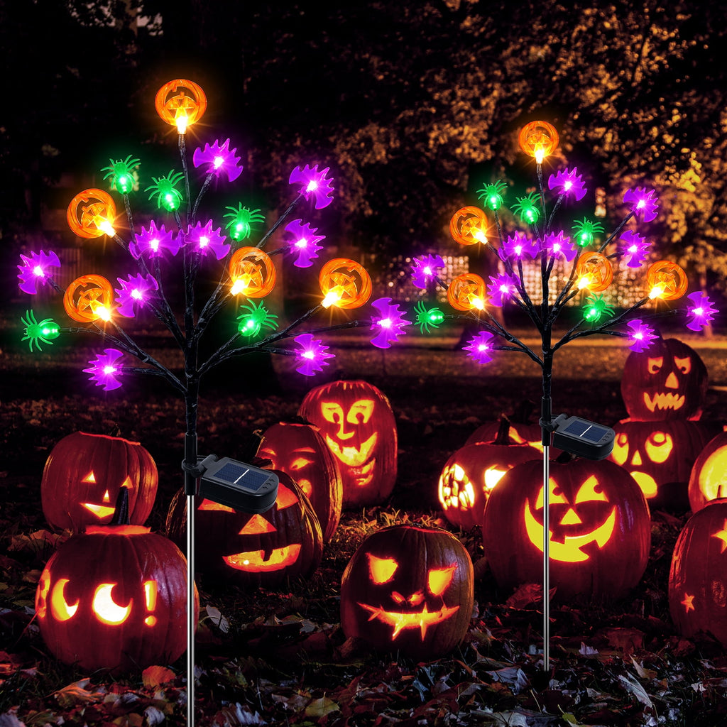 Qoosea 2 packs 40 LED Solar Halloween Lights, 2 Modes Halloween Bats Spiders Pumpkin Lights for Outdoor Decorations, Waterproof Stakes for Garden Yard Pathway Walkway