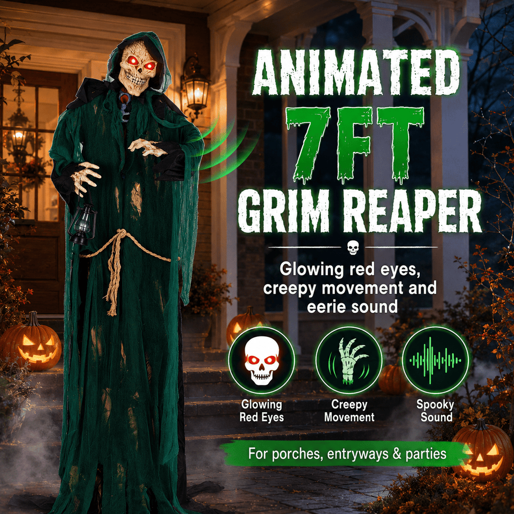 Romswi Halloween Decorations 7ft Standing Grim Reaper Animated with Light Up Eyes and Sound-Activated for Spooky Yard Garden Decor