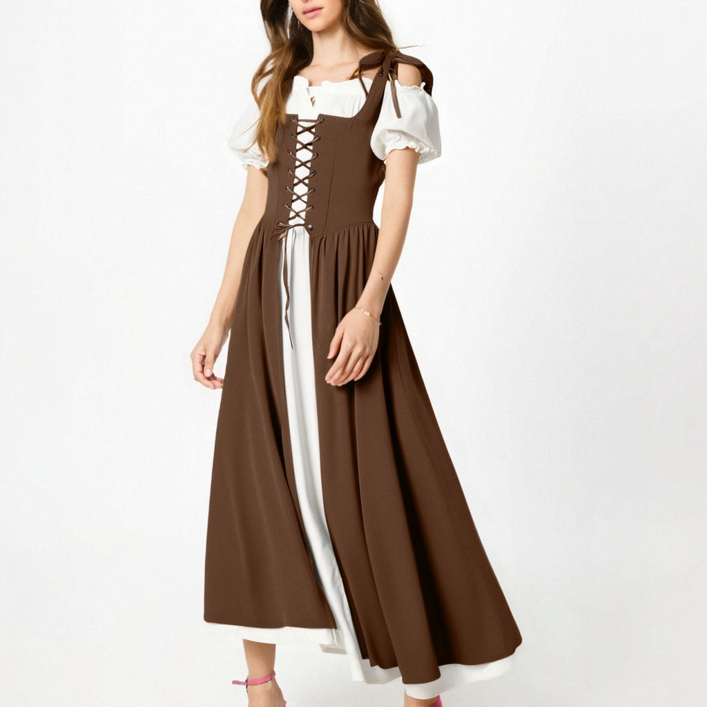 QATAINLAV Renaissance Costume Women Vintage Medieval Dress Cold Shoulder Short Sleeve Peasant Pirate Irish Maxi Dresses, Black, L