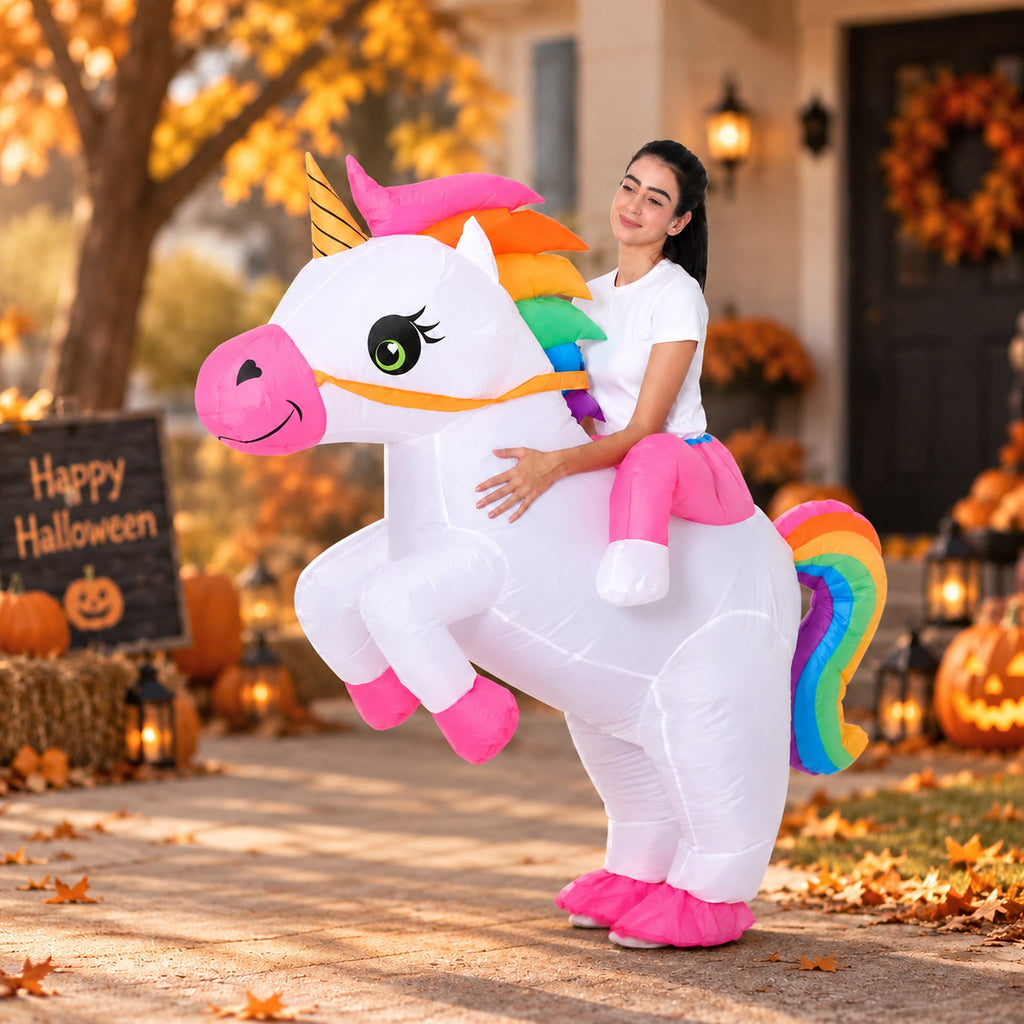 Inflatable Unicorn Costume for Adults, Funny Ride On Blow Up Costume for Men Women, Halloween Party Cosplay Outfit