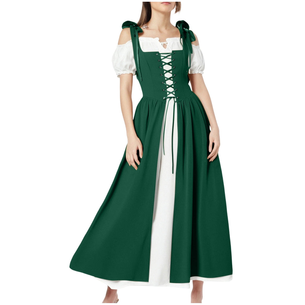 QATAINLAV Renaissance Costume Women Vintage Medieval Dress Cold Shoulder Short Sleeve Peasant Pirate Irish Maxi Dresses, Black, L