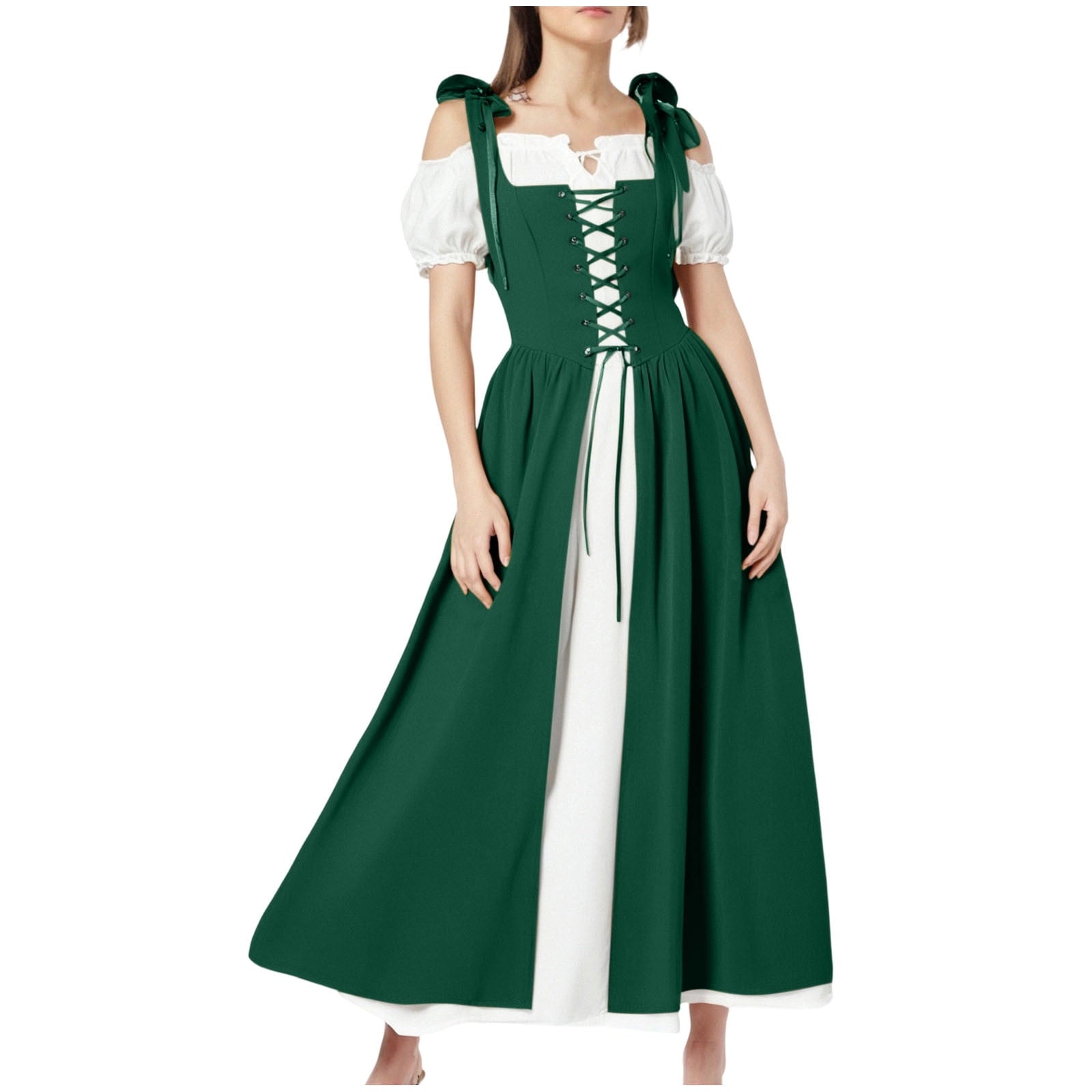 QATAINLAV Renaissance Costume Women Vintage Medieval Dress Cold Shoulder Short Sleeve Peasant Pirate Irish Maxi Dresses, Black, L