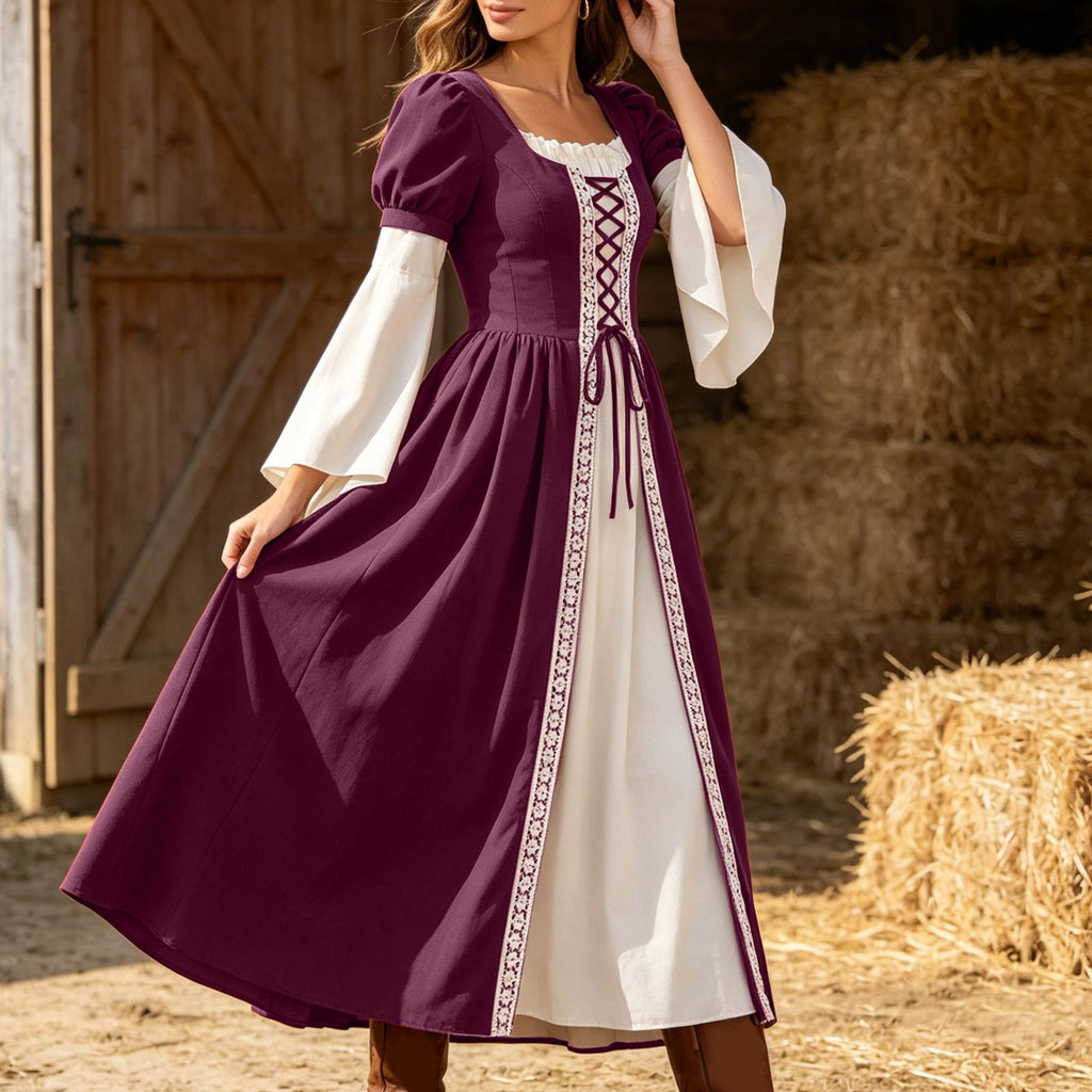 Hurxie Renaissance Costume Women Peasant Medieval Dress Maxi Fairy Dresses with Bell Sleeve Vintage Ren Faire Outfit