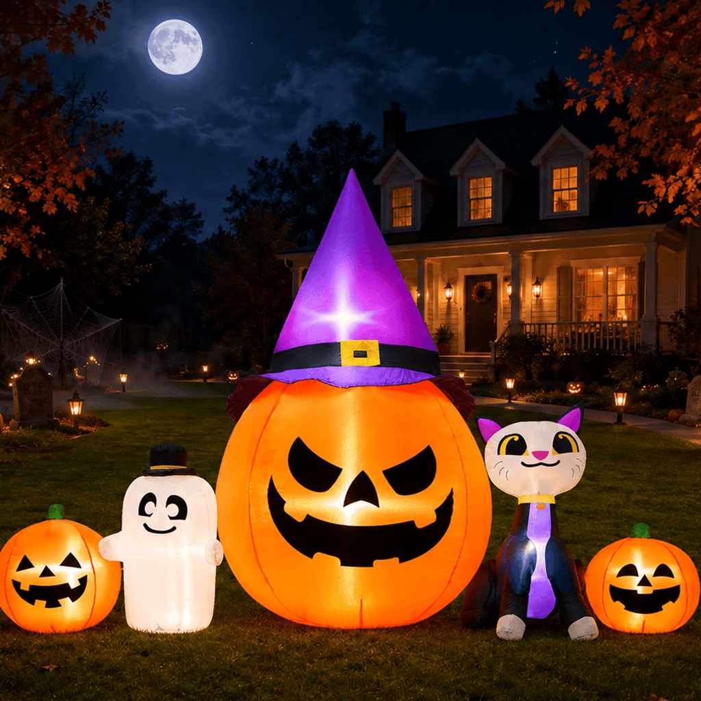 Yexmas 8ft Halloween Inflatable Pumpkins Outdoor Decor with Black Cat and Spectre,Built-in LED Lights,for Halloween Party,Yard,Garden,Lawn