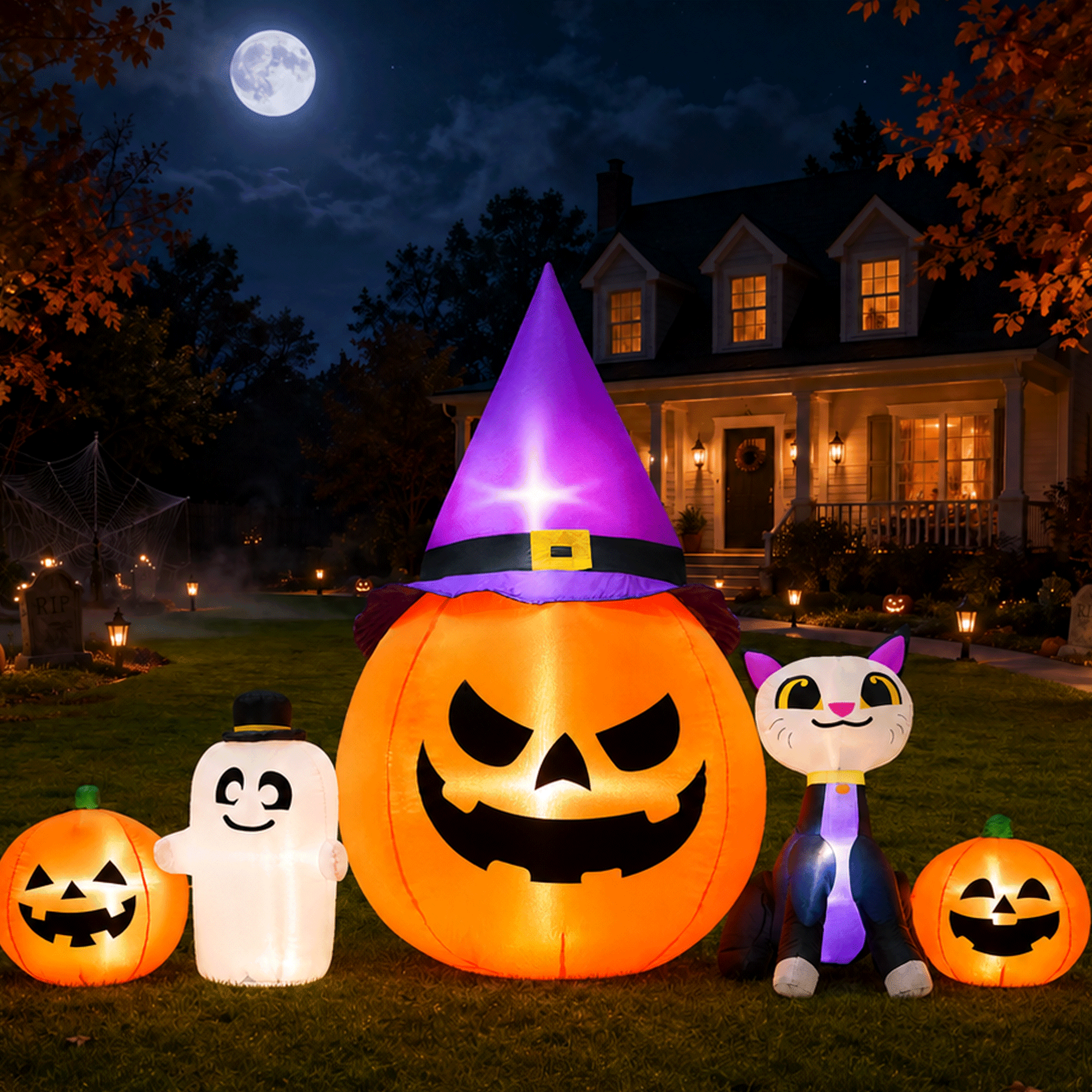Yexmas 8ft Halloween Inflatable Pumpkins Outdoor Decor with Black Cat and Spectre,Built-in LED Lights,for Halloween Party,Yard,Garden,Lawn