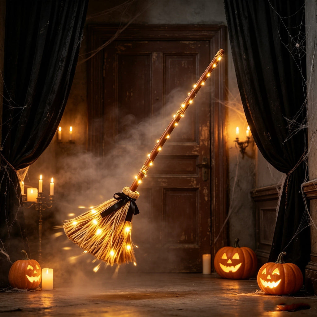 Halloween Witch Broom Cane with Ribbons, 38.2" Witches Broomstick for Wizard Costume Party, Photo Booth Accessory Stage Prop, Halloween Decoration, D