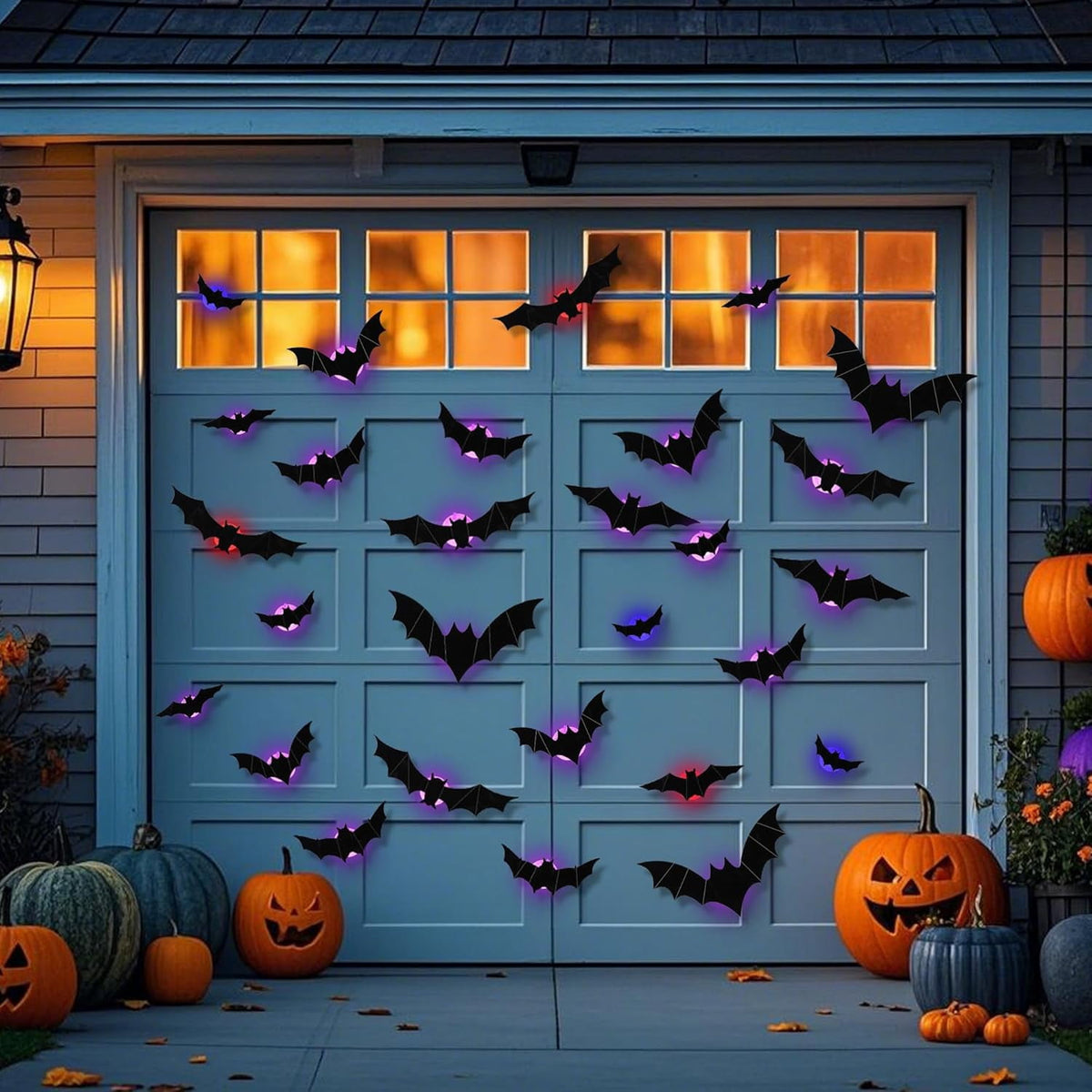 CQHVKQ 60 PCS Halloween Bats Decorations, Realistic 3D LED Bats Wall Stickers Decor, Assorted Size Removable Lighted PVC Bats DIY Wall Sticker for Halloween Party, Bedroom, Home, Indoor and Outdoor
