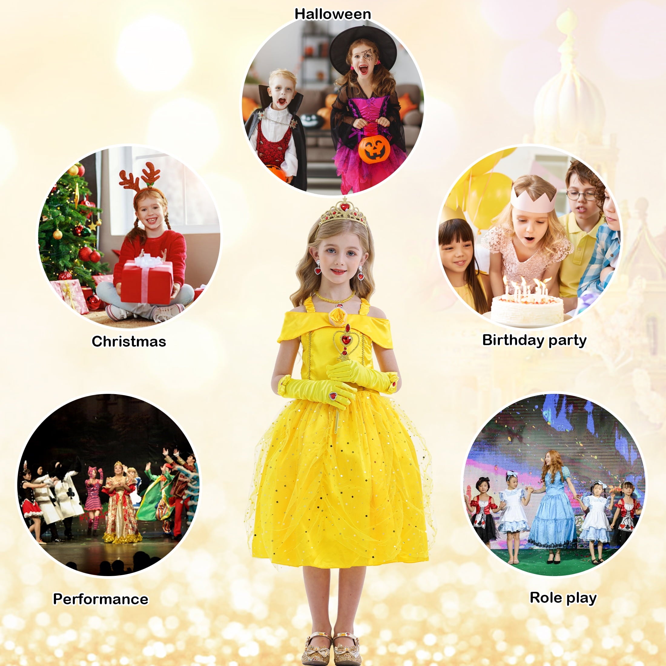 Jurebecia Princess Dress for Girls Costume Kids Off Shoulder Layered Toddler Halloween Cosplay Birthday Party Outfit up Yellow 120 cm 5-6 Years