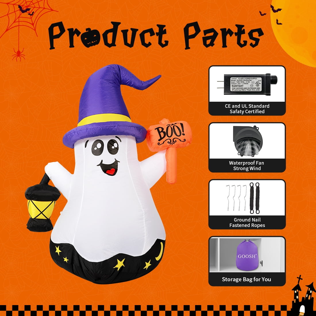 GOOSH Halloween Inflatable 5 FT Halloween Ghost Inflatable with Hand-Held Light, Cute Blow Up Ghost Halloween Ghost Decorations with Built-in LEDs, Halloween Decorations Clearance for Holiday/Party