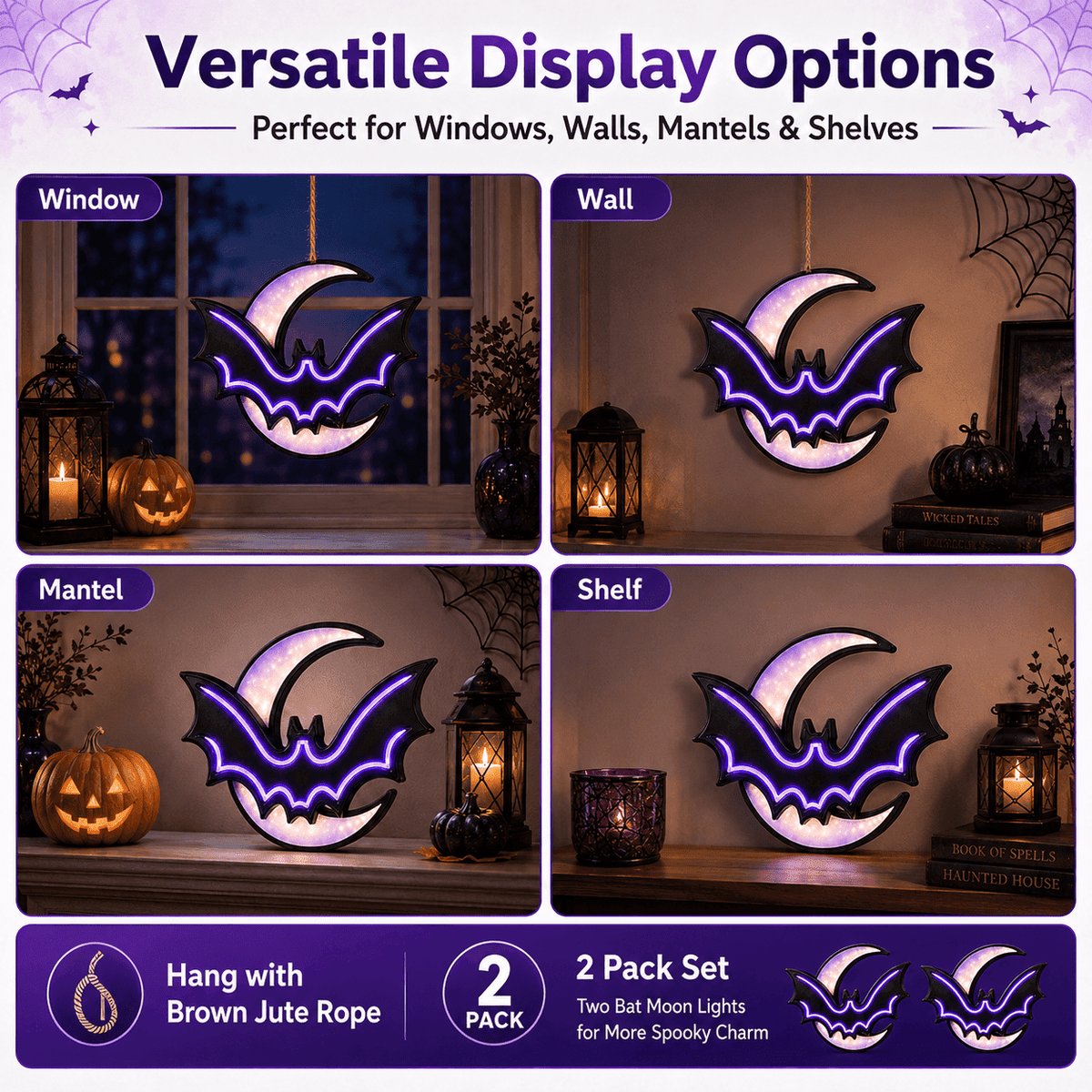 2 Pack Halloween Bat Moon Lights, Battery Operated Purple LED Hanging Decorations, Light Up Window Wall Decor for Indoor Covered Porch