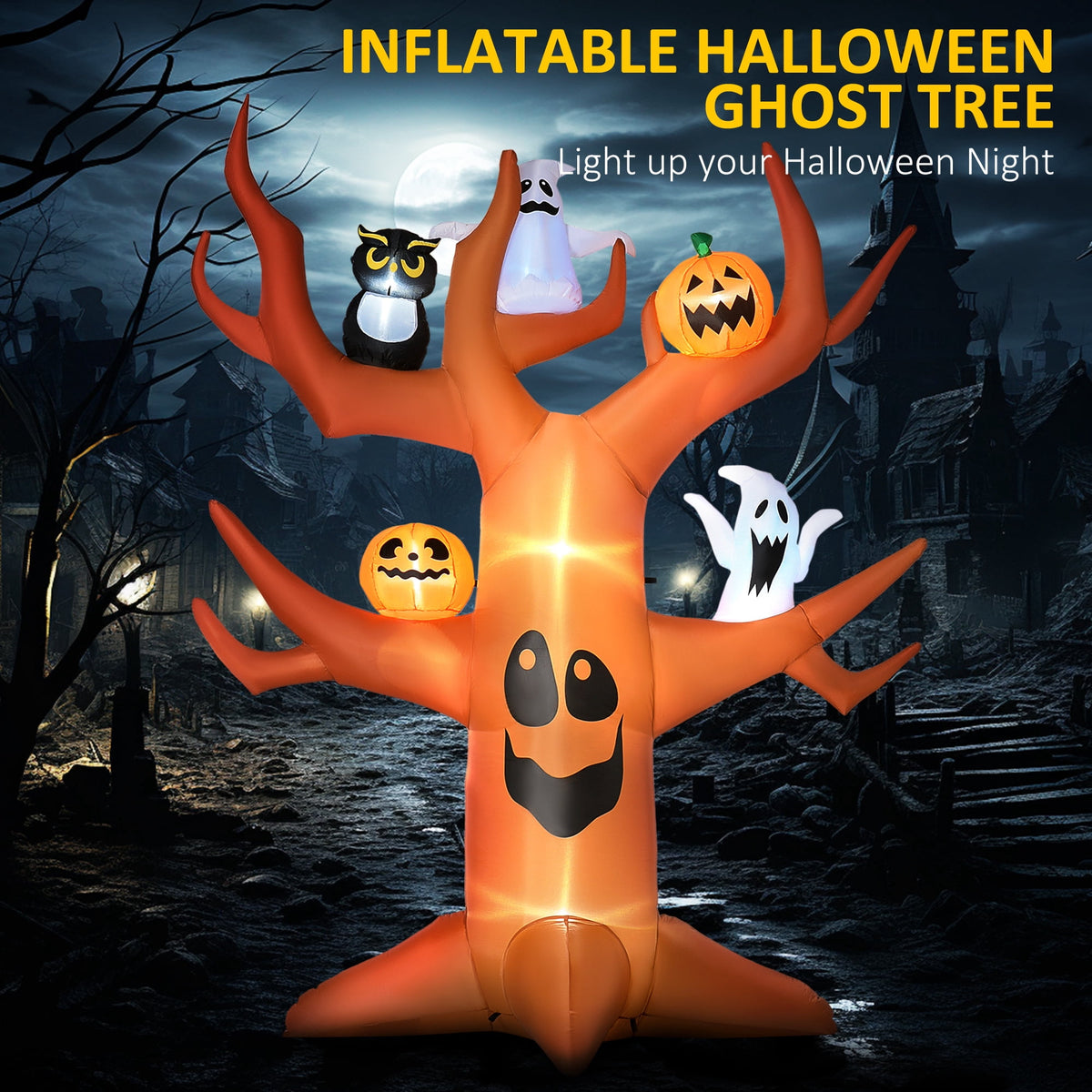 Outsunny 5' Halloween Inflatables Outdoor Decorations Ghost Tree with Pumpkins, Blow-Up LED Yard Decor Indoor Outdoor for Garden, Lawn, Party, Holiday