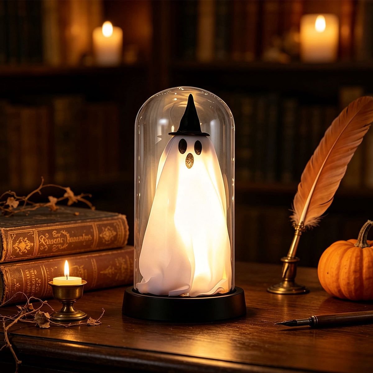 Darzheoy Halloween Decoration Ghost Cloche Lamp, with 3 Mini Figurines, Halloween Ghost Spooky, White Warm Glow, 1 Count