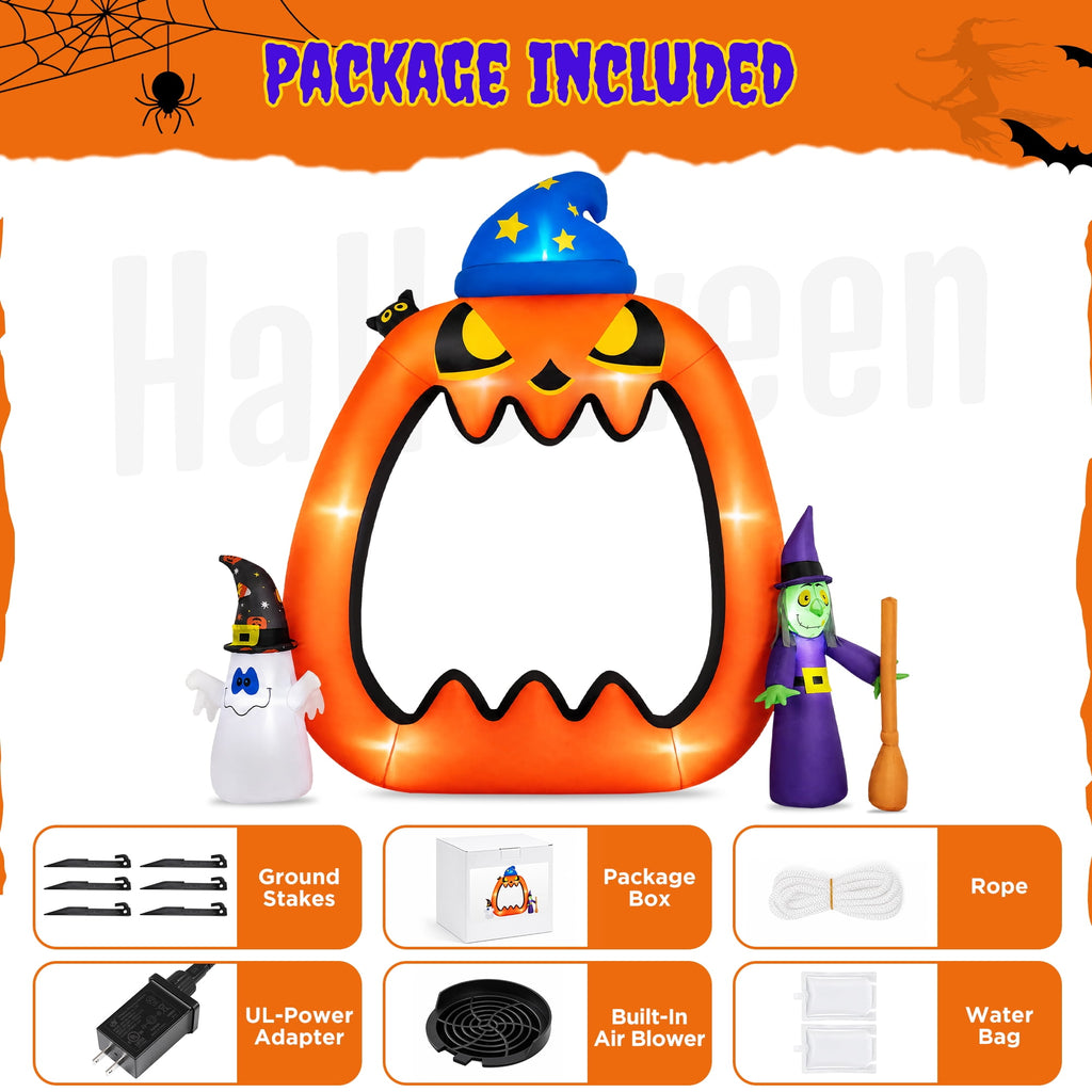 Firstness 8.2ft Halloween Inflatable Pumpkins Photo Door with Ghost Witch Yard Party Outdoor Decorations with LED Lights