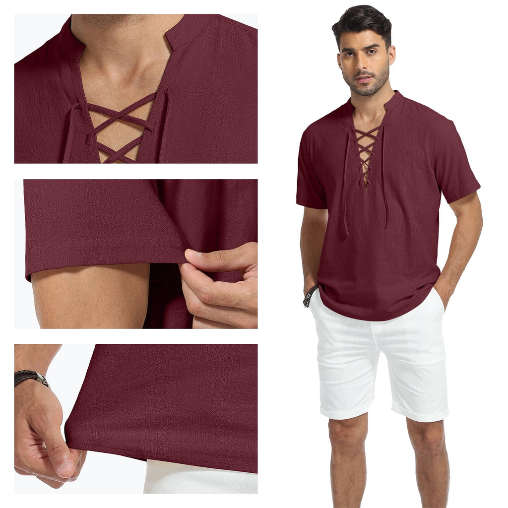 HAOMEILI Men's Short Sleeve Shirts Retro Style Lace up for Medieval,Viking,Hippie Halloween Cosplay Pirate Renaissance Costume