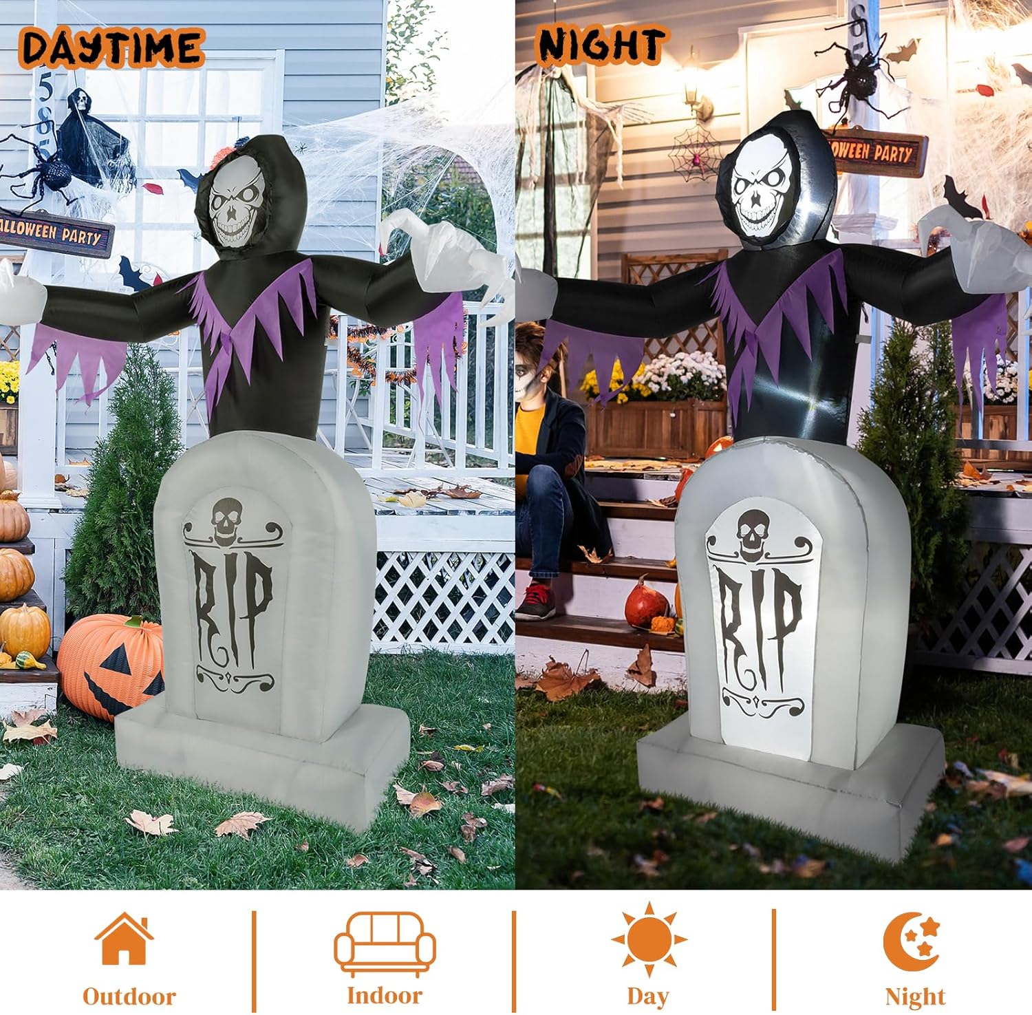 VINGLI Inflatable Halloween Outdoor Decorations, Blow Up Yard Decorations, Built-in LED Lights Décor for Indoor Home Party Garden Lawn Store, 6FT Death and The Grave