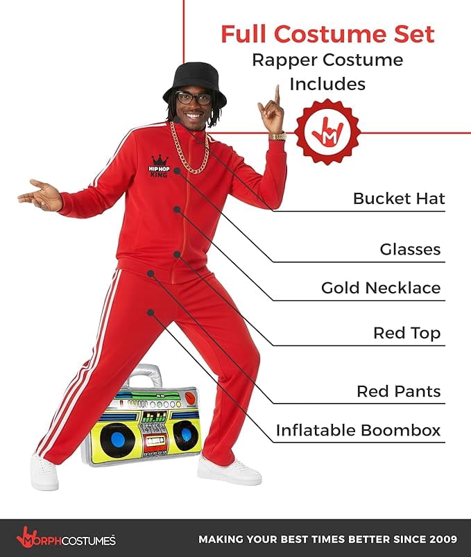 Morph Mens 1980s Red Rapper Costume Boombox Adult 90s Hip Hop Tracksuit Halloween Red Standard