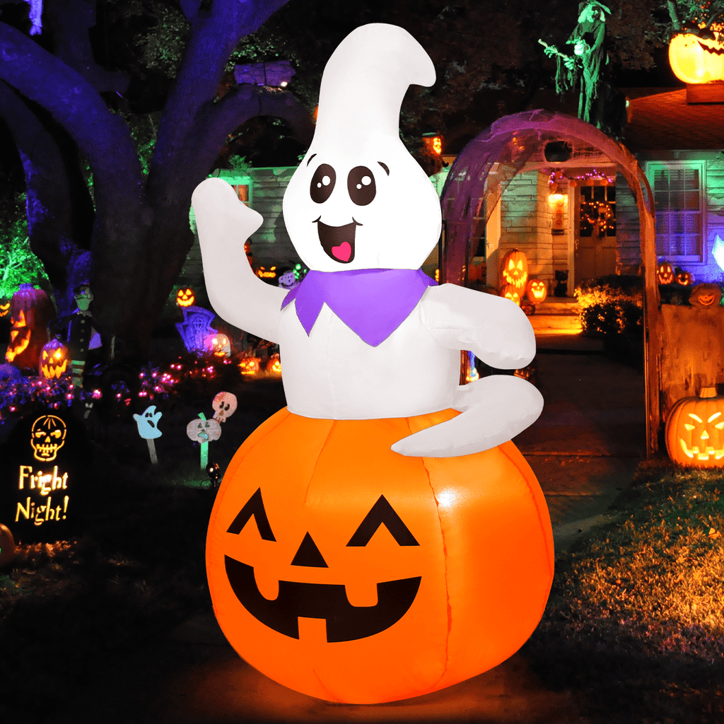 GOOSH Halloween Inflatable 5 FT Pumpkin Ghost Inflatable, Cute Ghost Pumpkin Inflatable Halloween Blow Up Decorations with LED Lights, Outdoor Halloween Decorations Clearance for Halloween/Holiday
