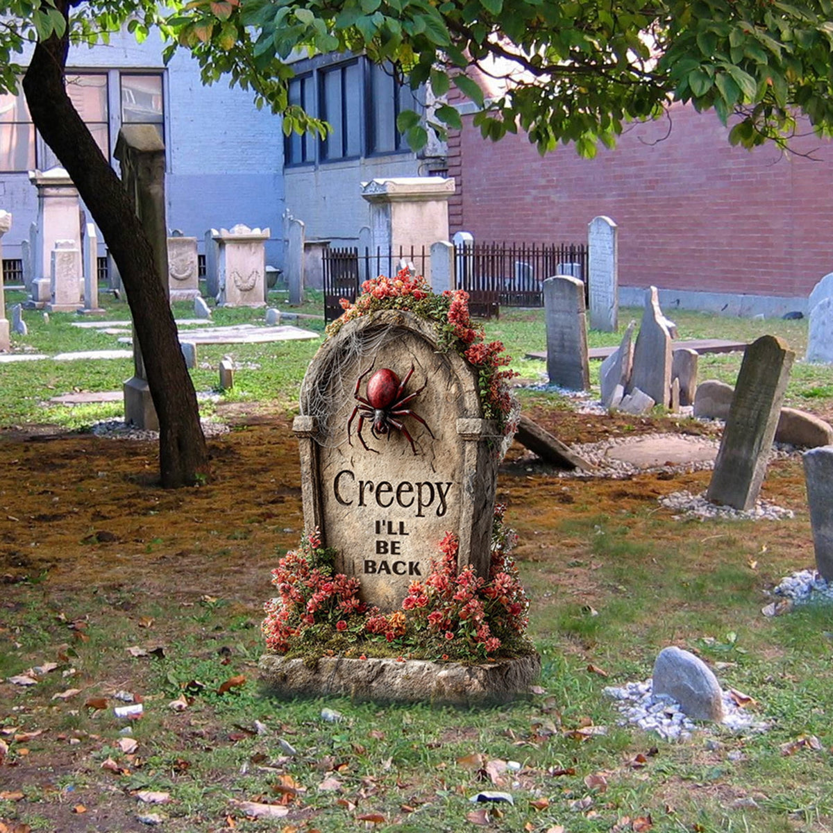Yashow Elite Dark Gray Plastic Halloween Tombstone Garden Sign Weatherproof Cemetery Scene Lawn Decoration for outdoor courtyard party, 16 inch, 1-pack