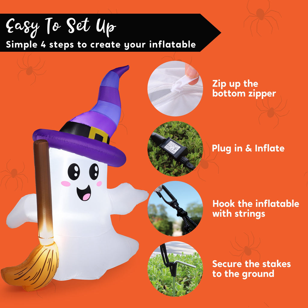 Joyfy 5ft Halloween Inflatables Light up Cute Ghost,Blow Up Ghost Lift Pumpkin Candy Bag with Build-in LEDs for Yard Decorations