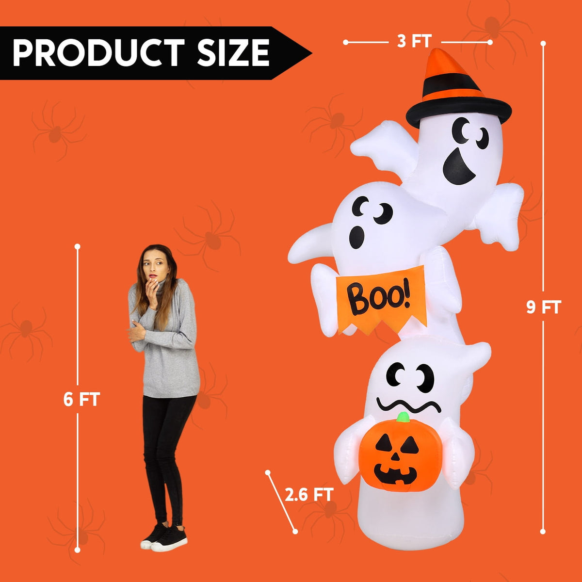 Joyfy 5ft Halloween Inflatables Light up Cute Ghost,Blow Up Ghost Lift Pumpkin Candy Bag with Build-in LEDs for Yard Decorations