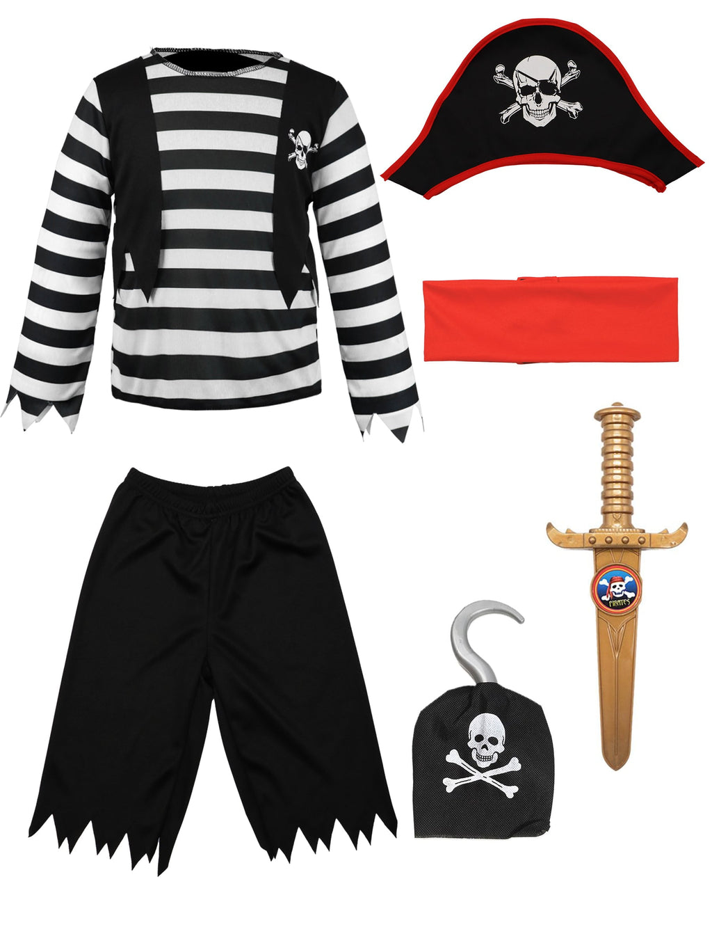 Boys Pirate Costume, Sea Buccaneer Top Shorts Belt Accessories Set for Kids Halloween 4-6 Years