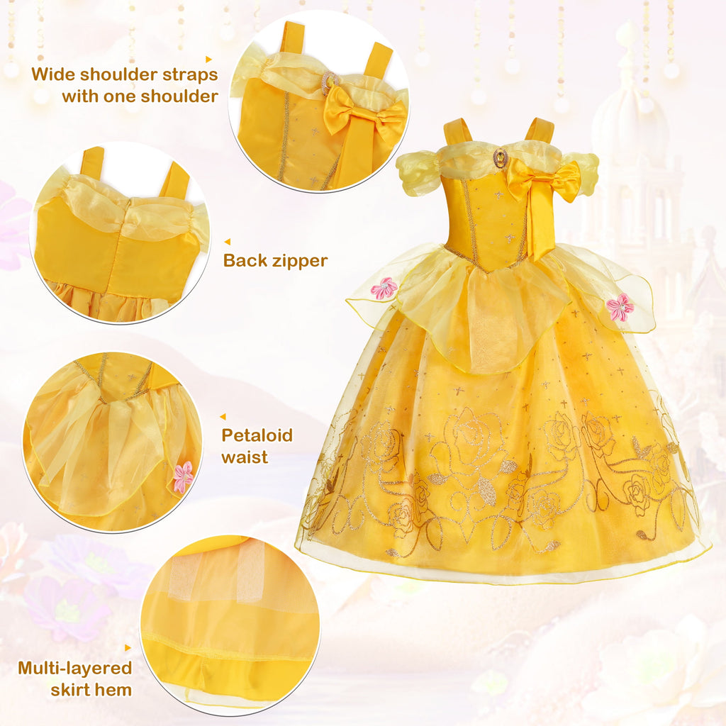 Jurebecia Princess Dress for Girls Costume Kids Off Shoulder Layered Toddler Halloween Cosplay Birthday Party Outfit up Yellow 120 cm 5-6 Years