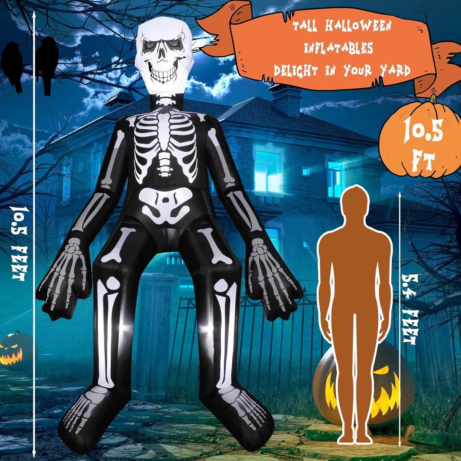 Coolmade 10.5 ft Sitting Skeleton Halloween Inflatable, Built‑in LED Lights, Blow‑Up Yard Outdoor Decoration