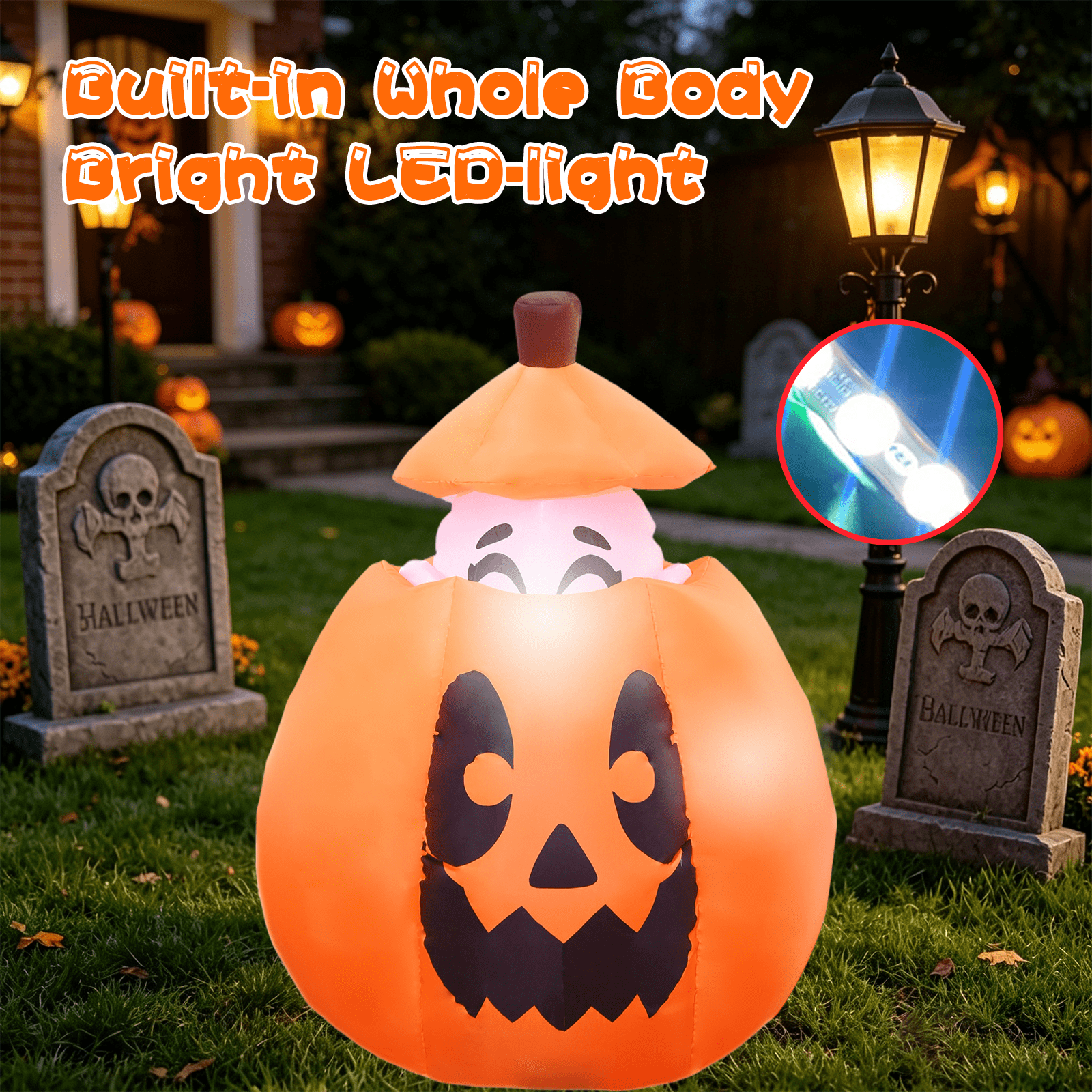 KINQUINN 5FT Halloween Inflatables Decorations Outdoor, Pop Up Halloween Blow Ups Pumpkin Yard Decorations with LED Lights for Garden, Lawn, Home, Yard, Indoor, Outside, Party, Porch