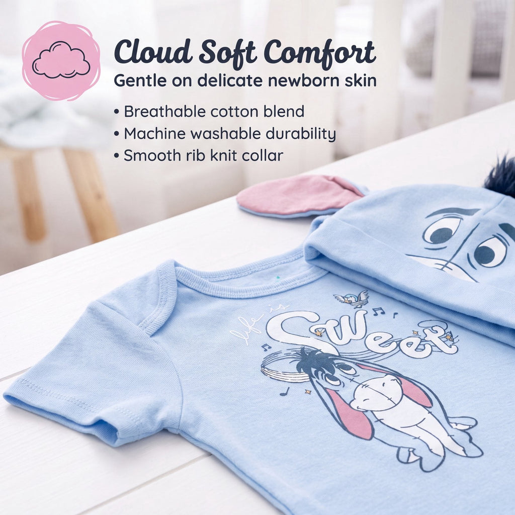 Disney Winnie the Pooh Baby Boy or Girl 2-Piece Cosplay Bodysuit and Hat Set Light Blue Eeyore