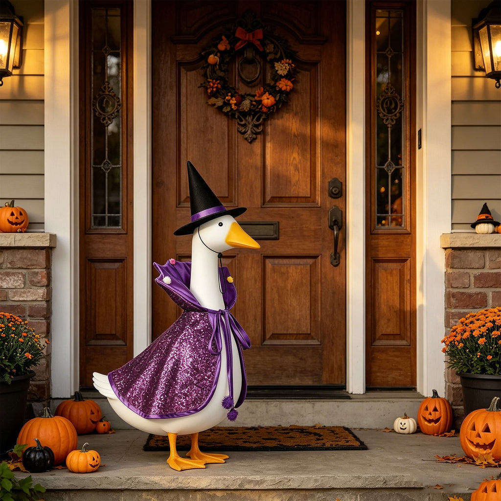Bat Witch Hat Spiderweb Halloween Goose Clothes Fit 17/23In Cement Plastic Lawn Goose, Stylish Full Set for Outdoor Yard Patio Garden Seasonal Halloween Home Ornamental Arrangement