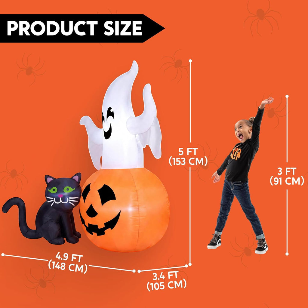 Joyfy 5ft Halloween Inflatables Light up Cute Ghost,Blow Up Ghost Lift Pumpkin Candy Bag with Build-in LEDs for Yard Decorations