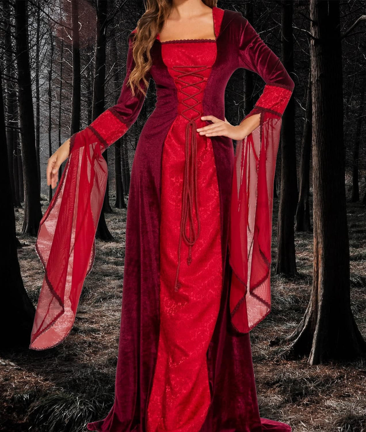 Halloween Witch Costume Women, Deluxe Witch Dress Costume, Vintage Embroidered Renaissance Gothic Hooded Vampire Gown Dress Cosplay Costumes Black M