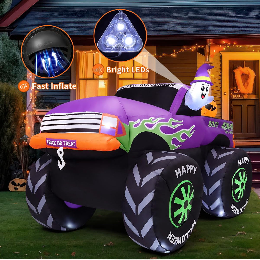 GOOSH Halloween Inflatables 8 FT Inflatable Monster Truck with Built-in LEDs, Halloween Inflatable Truck with Blow Up Ghost Pumpkin, Outdoor Halloween Decorations for Holiday Party Indoor Outdoor